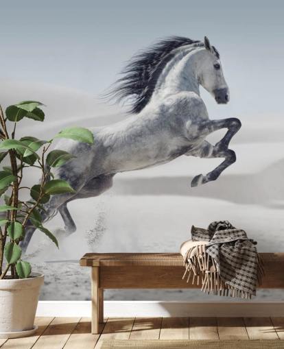 Papel de Parede Pulando de Cavalo Branco em Paisagem Nevada
