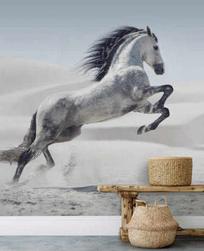 Caballo blanco saltando en el fondo de pantalla de paisaje nevado