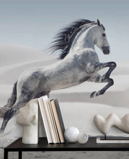 Caballo blanco saltando en el fondo de pantalla de paisaje nevado