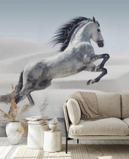 Springende Hvid Hest i Snowy Landskab Baggrund Springende Hvid Hest i Snowy Landskab Baggrund