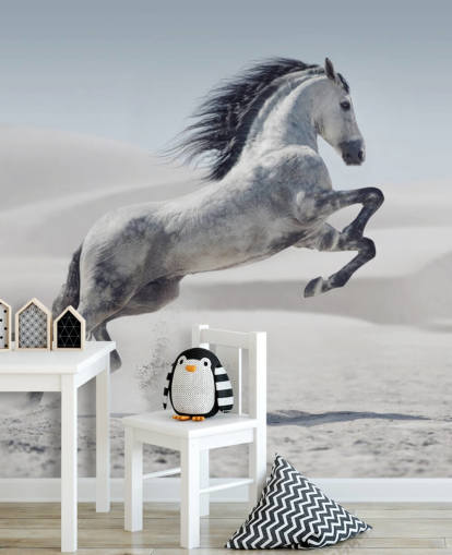 Springende Hvid Hest i Snowy Landskab Baggrund