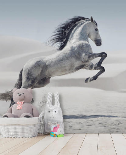 Leaping White Horse in Snowy Landscape Wallpaper Leaping White Horse in Snowy Landscape Wallpaper
