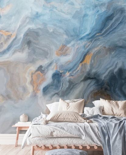 mural de papel pintado de mármol azul llamado Ocean Blue Marble para cocinas, comedores y baños