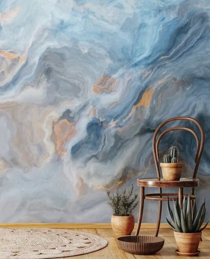 mural de papel pintado de mármol azul llamado Ocean Blue Marble para cocinas, comedores y baños
