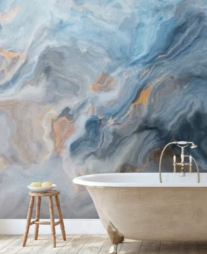 blauwe marmeren muurschildering genaamd Ocean Blue Marble voor keukens, eetkamers en badkamers