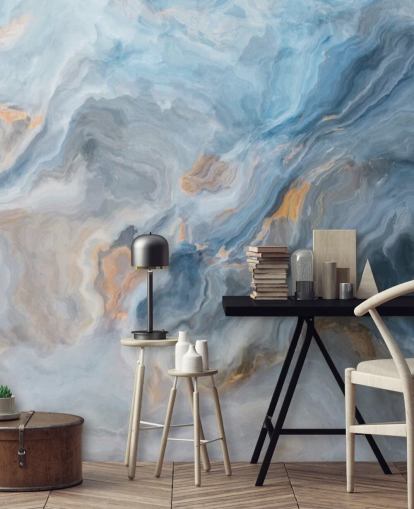 mural de papel pintado de mármol azul llamado Ocean Blue Marble para cocinas, comedores y baños