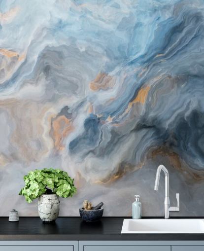 papier peint mural en marbre bleu appelé Ocean Blue Marble pour les cuisines, les salles à manger et les salles de bain