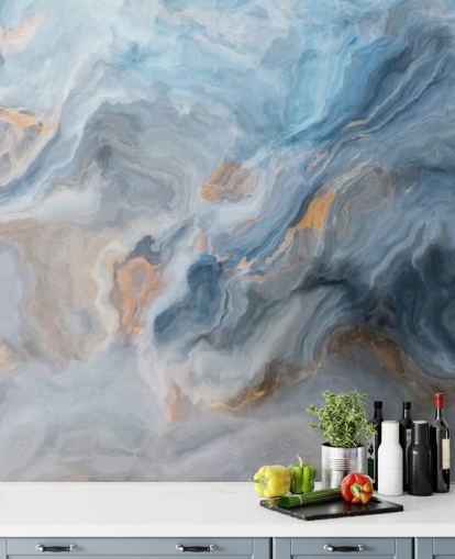 sininen marmoritapetti seinämaalaus nimeltä Ocean Blue Marble keittiöihin, ruokasaleihin ja kylpyhuoneisiin
