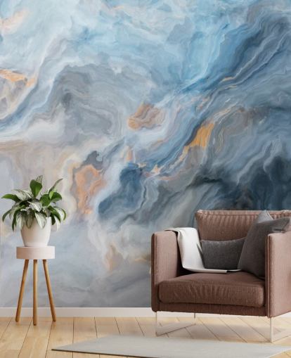mural de papel pintado de mármol azul llamado Ocean Blue Marble para cocinas, comedores y baños