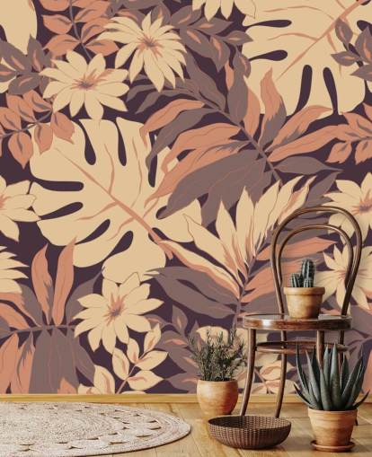 Papier peint feuilles roses exotiques