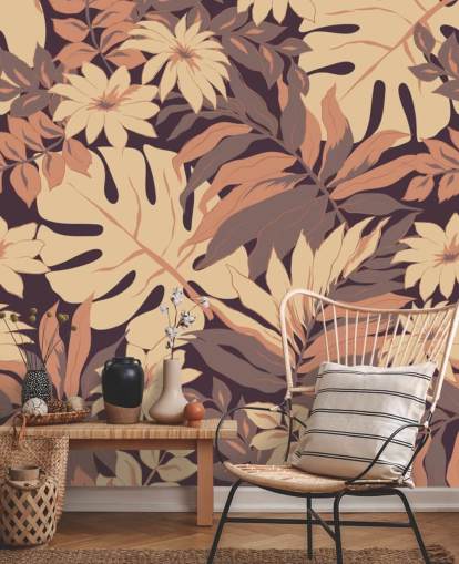 Papel Pintado Hojas Rosas Exóticas