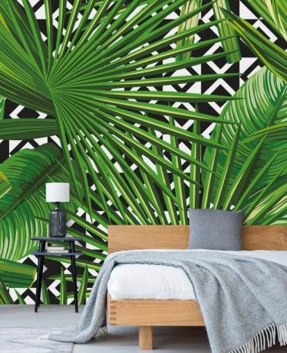 green leaf and black and white pattern wallpaper