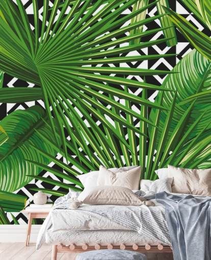 green leaf and black and white pattern wallpaper