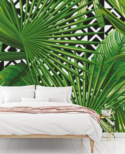 green leaf and black and white pattern wallpaper