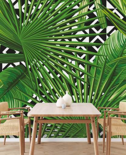 groen blad en zwart-wit patroonbehang