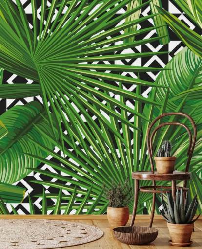 green leaf and black and white pattern wallpaper