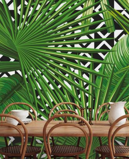 groen blad en zwart-wit patroonbehang