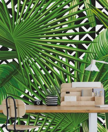 groen blad en zwart-wit patroonbehang