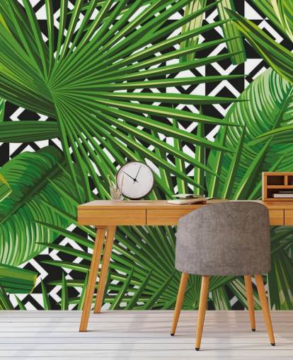 green leaf and black and white pattern wallpaper