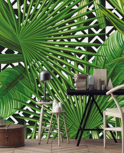 green leaf and black and white pattern wallpaper