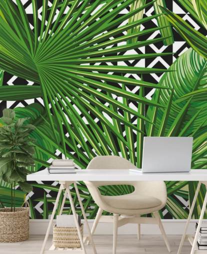 green leaf and black and white pattern wallpaper