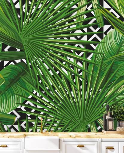 green leaf and black and white pattern wallpaper