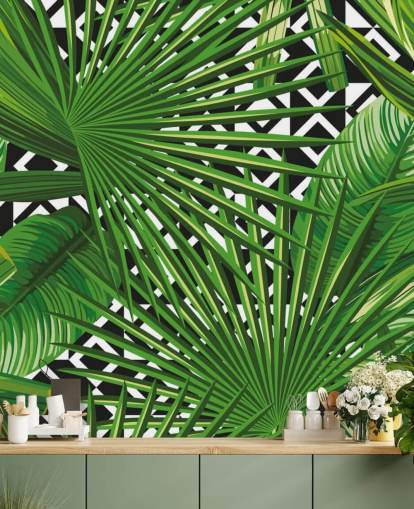 groen blad en zwart-wit patroonbehang