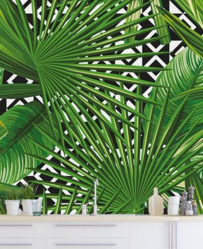folha verde e papel de parede padrão preto e branco
