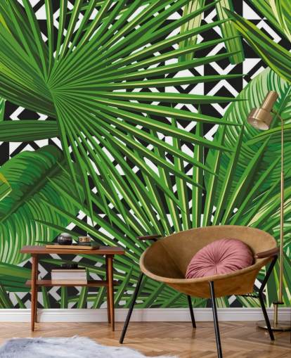 green leaf and black and white pattern wallpaper