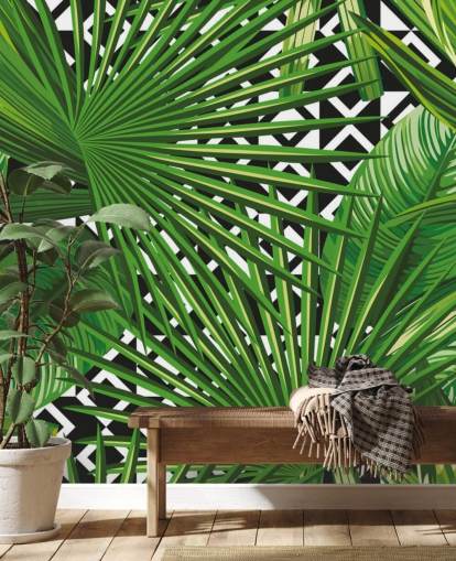 groen blad en zwart-wit patroonbehang