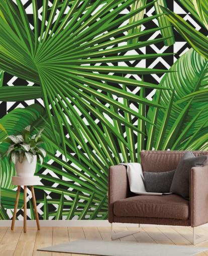 groen blad en zwart-wit patroonbehang