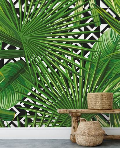 green leaf and black and white pattern wallpaper