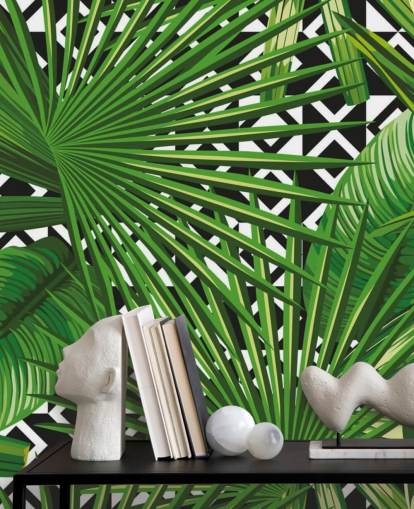 groen blad en zwart-wit patroonbehang