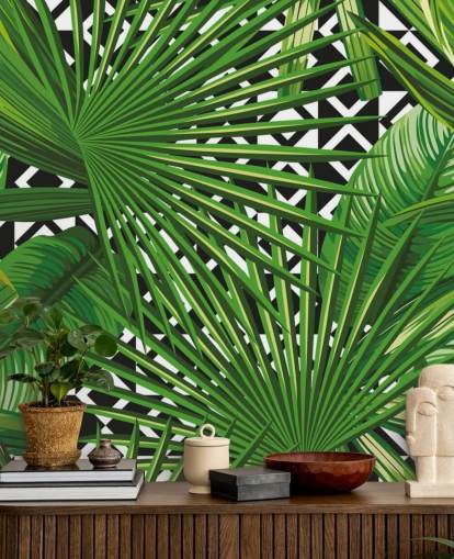 green leaf and black and white pattern wallpaper