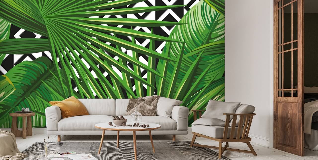 Leaves With Geometric Background Mural | Wallsauce US