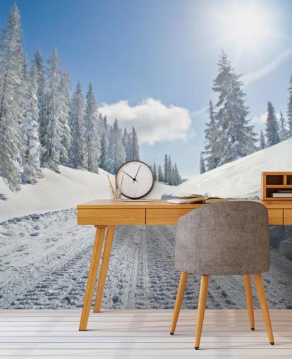 Leeg met sneeuw bedekte weg behang