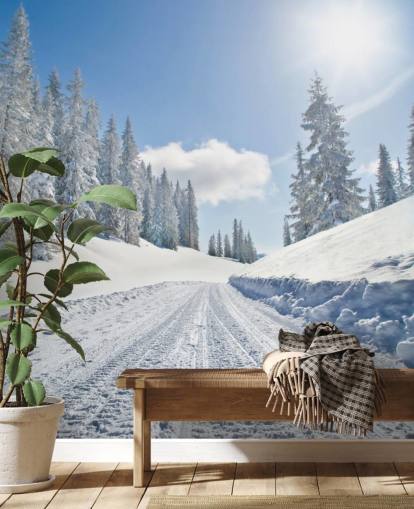 Leeg met sneeuw bedekte weg behang