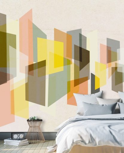 mid century abstract art in yellow, brown, black and orange wallpaper