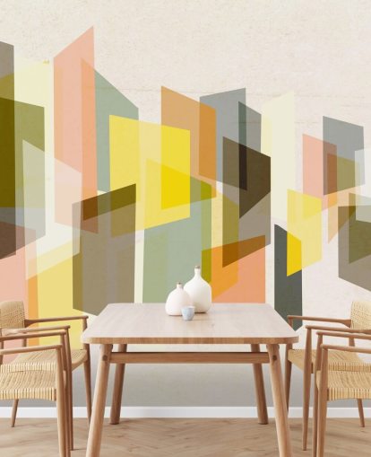 abstracte kunst uit het midden van de eeuw in geel, bruin, zwart en oranje behang