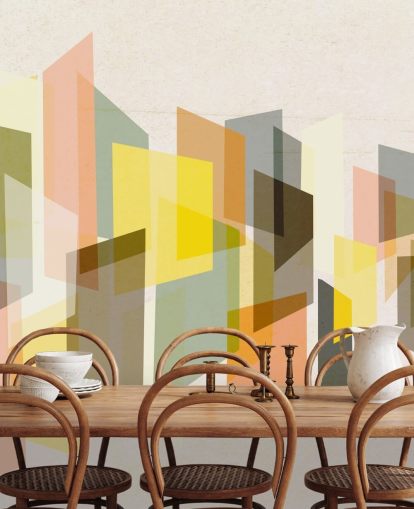 abstracte kunst uit het midden van de eeuw in geel, bruin, zwart en oranje behang