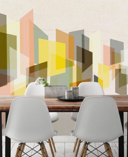 abstracte kunst uit het midden van de eeuw in geel, bruin, zwart en oranje behang