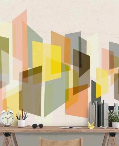 mid century abstract art in yellow, brown, black and orange wallpaper