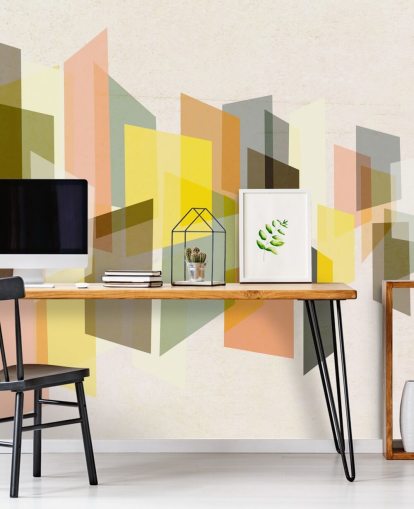 mid century abstract art in yellow, brown, black and orange wallpaper