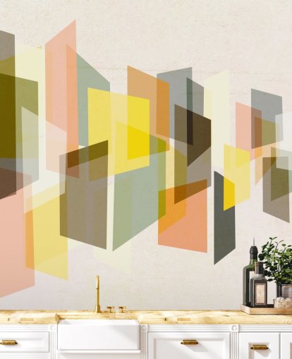 abstracte kunst uit het midden van de eeuw in geel, bruin, zwart en oranje behang