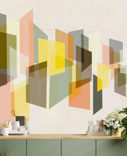 mid century abstract art in yellow, brown, black and orange wallpaper
