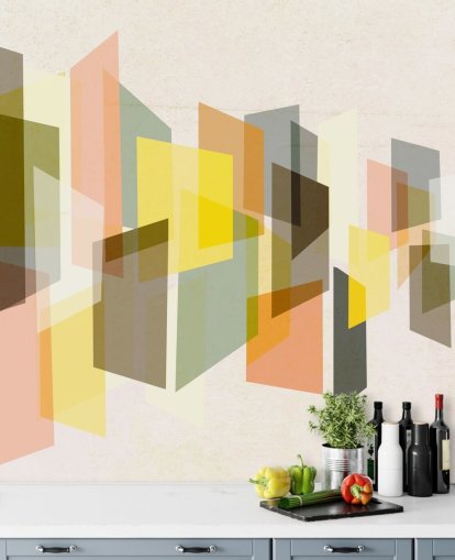 art abstrait du milieu du siècle en papier peint jaune, marron, noir et orange