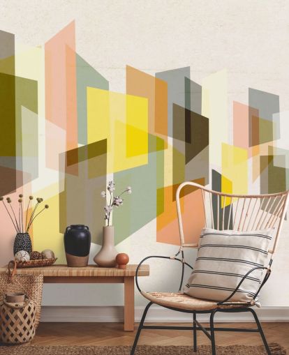 mid century abstract art in yellow, brown, black and orange wallpaper