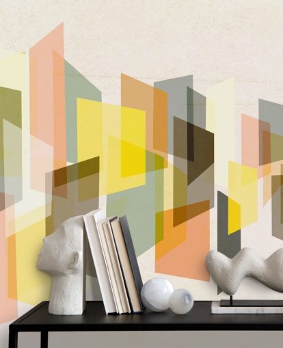 abstracte kunst uit het midden van de eeuw in geel, bruin, zwart en oranje behang abstracte kunst uit het midden van de eeuw in geel, bruin, zwart en oranje behang