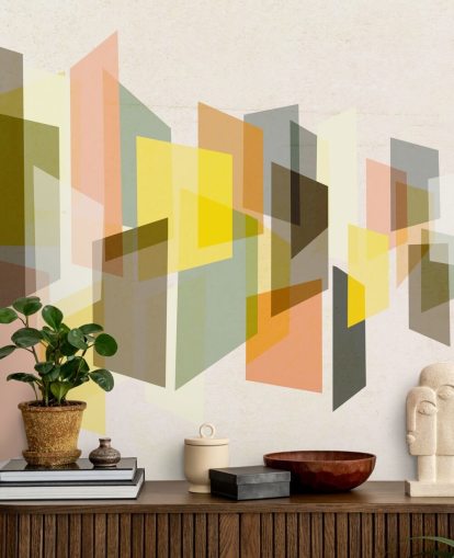 mid century abstract art in yellow, brown, black and orange wallpaper