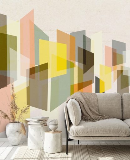 mid century abstract art in yellow, brown, black and orange wallpaper